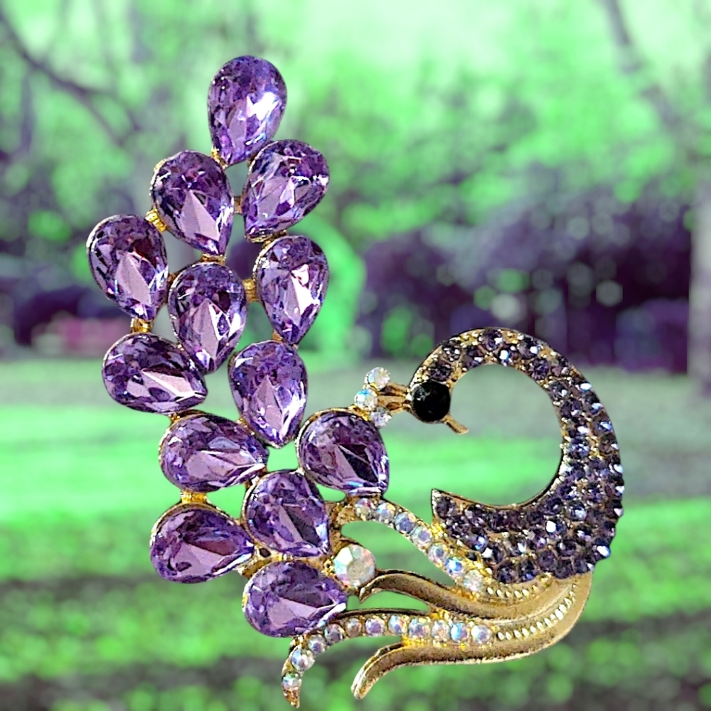 SOLD Elegant Purple Crystal Peacock Brooch - Women Jewelry